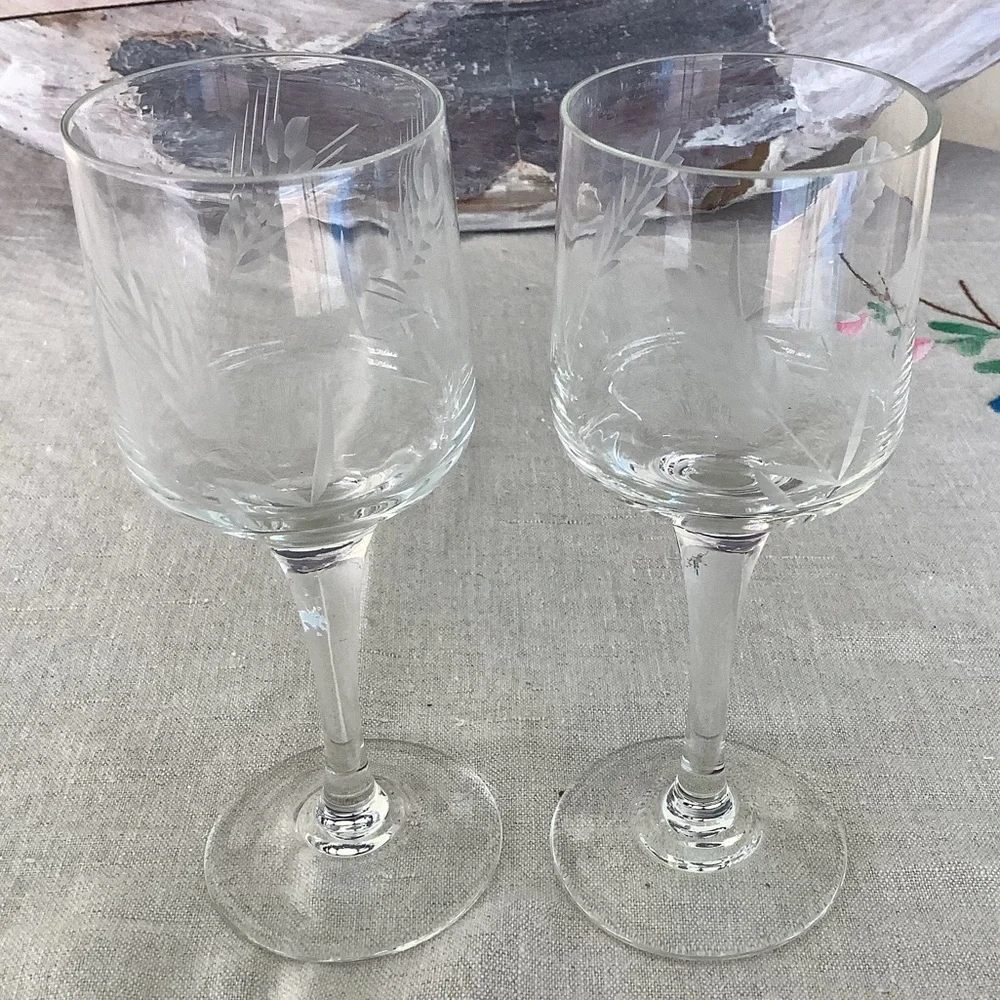 Pair of Vintage Etched Wheat Stemmed Sherry Glasses